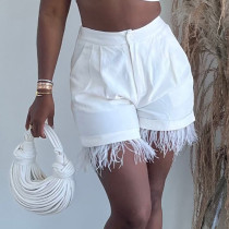 Feather Splicing High Waisted Zippered Casual Pants