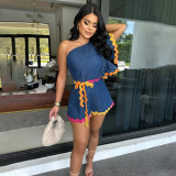 Wave Webbing Patchwork Denim Diagonal Shoulder Loose Jumpsuit