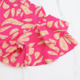 Printed Skirt with Side Slit Wood Ear Edge Short Sleeved Long Skirt