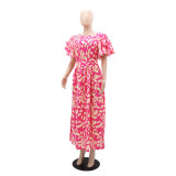 Printed Skirt with Side Slit Wood Ear Edge Short Sleeved Long Skirt