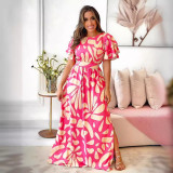 Printed Skirt with Side Slit Wood Ear Edge Short Sleeved Long Skirt