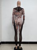 Printed Perspective Mesh Slim Fit Jumpsuit