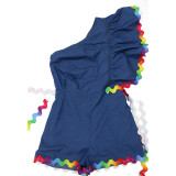 Wave Webbing Patchwork Denim Diagonal Shoulder Loose Jumpsuit