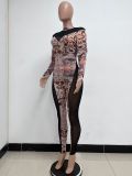 Printed Perspective Mesh Slim Fit Jumpsuit