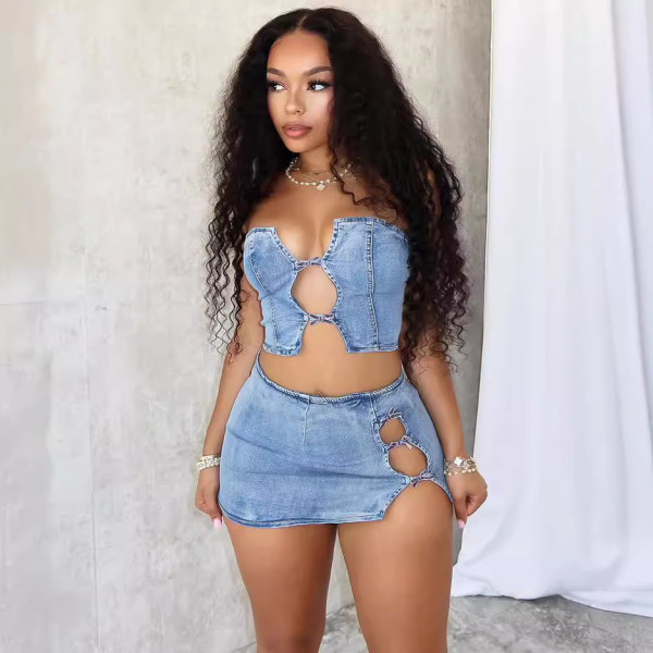Lace Up Chest Wrapped Top with Slit and Hip Wrapped Short Skirt