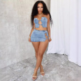 Lace Up Chest Wrapped Top with Slit and Hip Wrapped Short Skirt