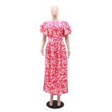 Printed Skirt with Side Slit Wood Ear Edge Short Sleeved Long Skirt