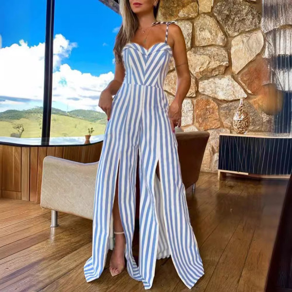 Lace Up Slit Striped Jumpsuit