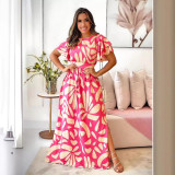 Printed Skirt with Side Slit Wood Ear Edge Short Sleeved Long Skirt