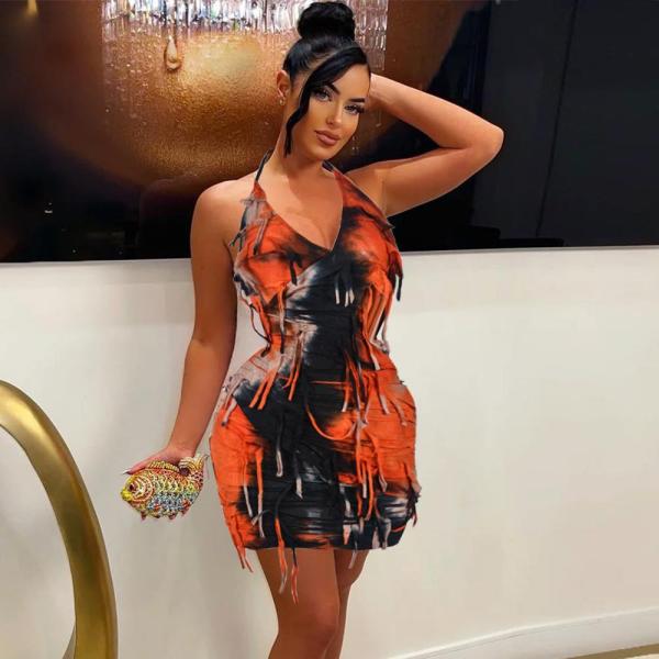V-neck Hanging Neck Strap Open Back Tassel Dress