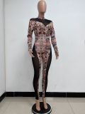 Printed Perspective Mesh Slim Fit Jumpsuit
