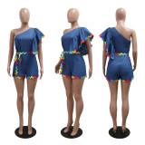 Wave Webbing Patchwork Denim Diagonal Shoulder Loose Jumpsuit