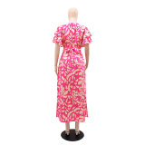 Printed Skirt with Side Slit Wood Ear Edge Short Sleeved Long Skirt