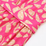 Printed Skirt with Side Slit Wood Ear Edge Short Sleeved Long Skirt