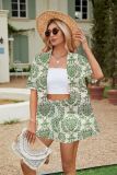 Flower Printed Short Sleeved Shirt Top with Elastic Waist Shorts Set