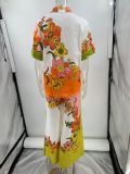 Printed Cotton and Linen Two-piece Set Top+wide Leg Pants