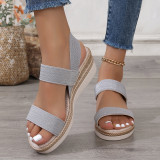 Round Toe Slope Heel Elastic Hemp Rope Sole Roman Sandals