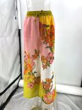 Printed Cotton and Linen Two-piece Set Top+wide Leg Pants
