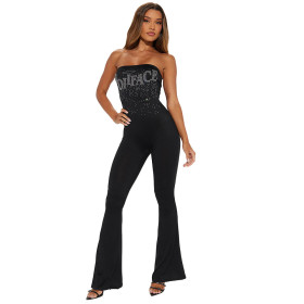 Strapless Solid Color Pants with Hot Diamond Jumpsuit