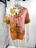 Printed Cotton and Linen Two-piece Set Top+wide Leg Pants