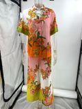 Printed Cotton and Linen Two-piece Set Top+wide Leg Pants