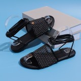 Round Toe Flat Bottomed Straight Line Rhinestone Ankle Sandals