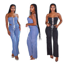 Striped Tied Strapless Two-piece Jumpsuit Set