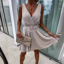 Deep V-neck Sleeveless Solid Color Slim Pit Stripe Dress