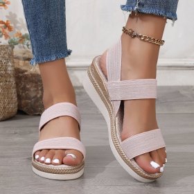 Round Toe Slope Heel Elastic Hemp Rope Sole Roman Sandals