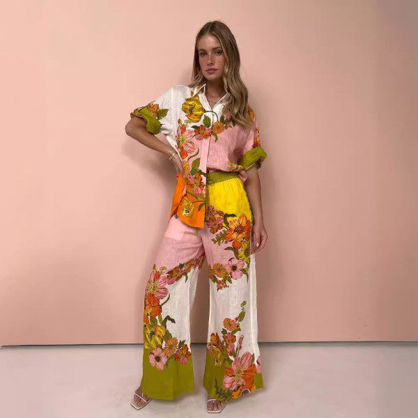 Printed Cotton and Linen Two-piece Set Top+wide Leg Pants
