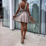 Deep V-neck Sleeveless Solid Color Slim Pit Stripe Dress