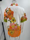 Printed Cotton and Linen Two-piece Set Top+wide Leg Pants