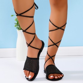 Round Toe Flat Bottomed Straight Line Rhinestone Ankle Sandals