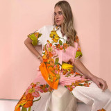 Printed Cotton and Linen Two-piece Set Top+wide Leg Pants