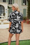 Flower Printed Short Sleeved Shirt Top with Elastic Waist Shorts Set