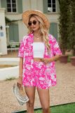 Flower Printed Short Sleeved Shirt Top with Elastic Waist Shorts Set