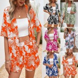 Flower Printed Short Sleeved Shirt Top with Elastic Waist Shorts Set