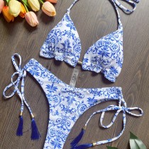 Blue and White Porcelain Printed Bikini