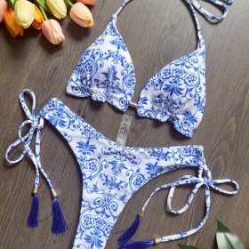 Blue and White Porcelain Printed Bikini