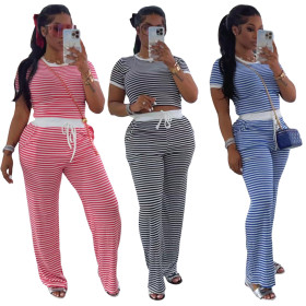 Colorful Striped Casual Pocket Waist Rope Two-piece Set