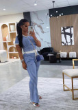 Colorful Striped Casual Pocket Waist Rope Two-piece Set