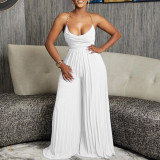 Chain Neck High Waist Backless Wide Leg Pleated Jumpsuit