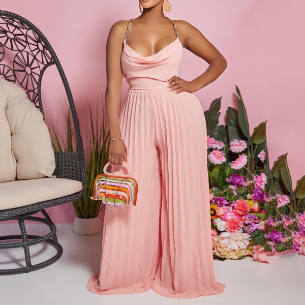 Chain Neck High Waist Backless Wide Leg Pleated Jumpsuit