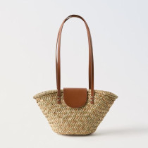 Single Shoulder Straw Woven Bag PU Splicing Woven Bag