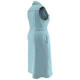 Oversized Women's Lapel Sleeveless Denim Tie Up Dress