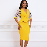 Mesh Flocked Bubble Sleeved V-neck Buttocks Wrapped Dress