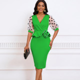 Mesh Flocked Bubble Sleeved V-neck Buttocks Wrapped Dress