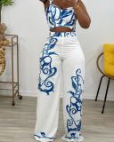 Two Piece Set of Printed Suspender High Waisted Wide Leg Pants