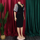Mesh Flocked Bubble Sleeved V-neck Buttocks Wrapped Dress