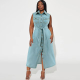 Oversized Women's Lapel Sleeveless Denim Tie Up Dress